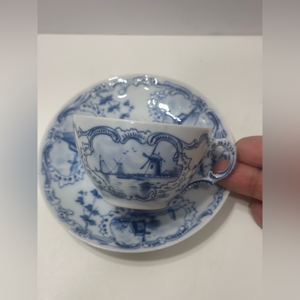 Fine Porcelain Delft  Blue White WindMill Sailboat Tea Cup Saucer Dutch Scenery